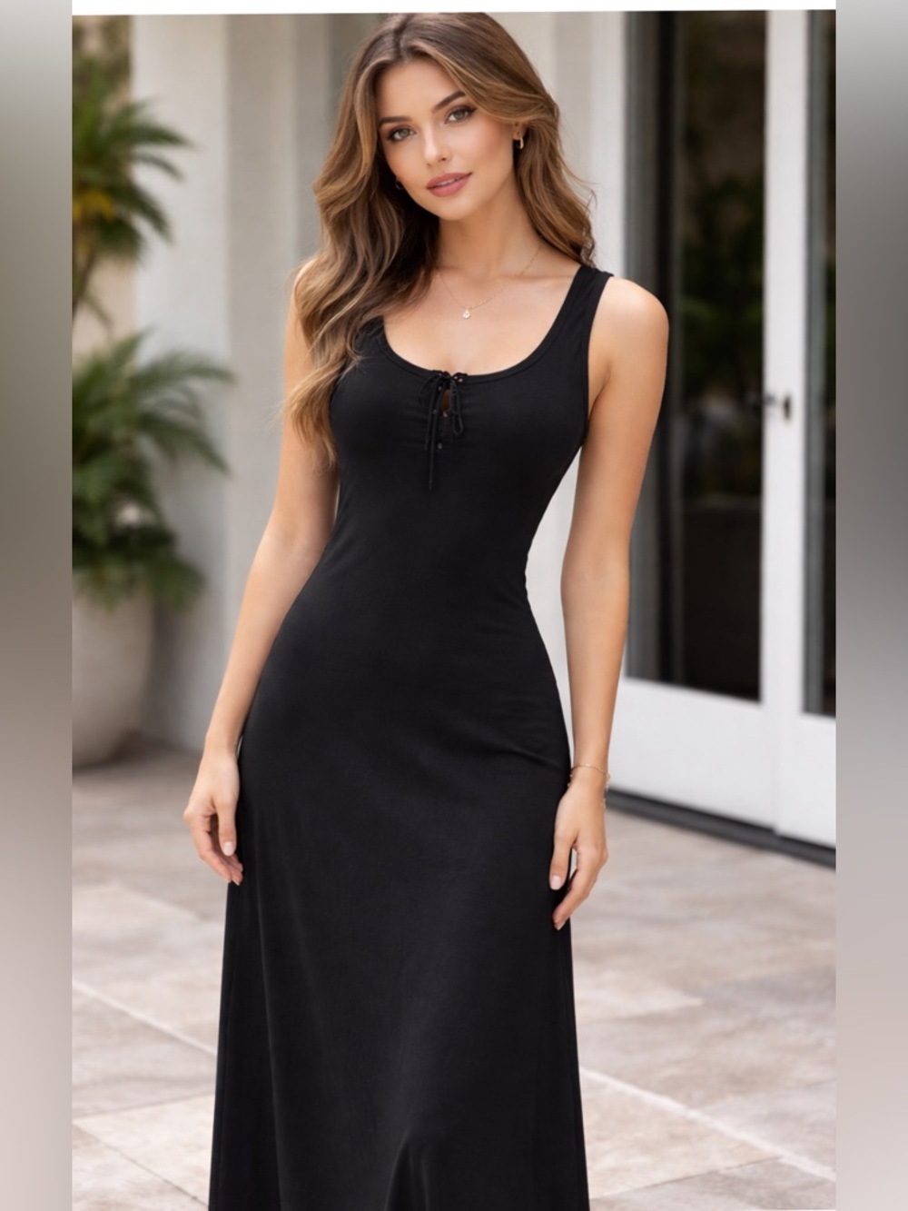 Reformation Black Maxi Dress - Drawstring Neck Fitted Size M